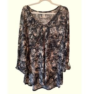 Cocomo Woman 2X 1/4 Zip Paisley Stretchy Tunic 3/4 Roll Tab Sleeve Taupe Black